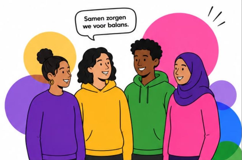 Vier jongeren staan naast elkaar te praten. Een tekstballon zegt: Samen zorgen we voor balans.